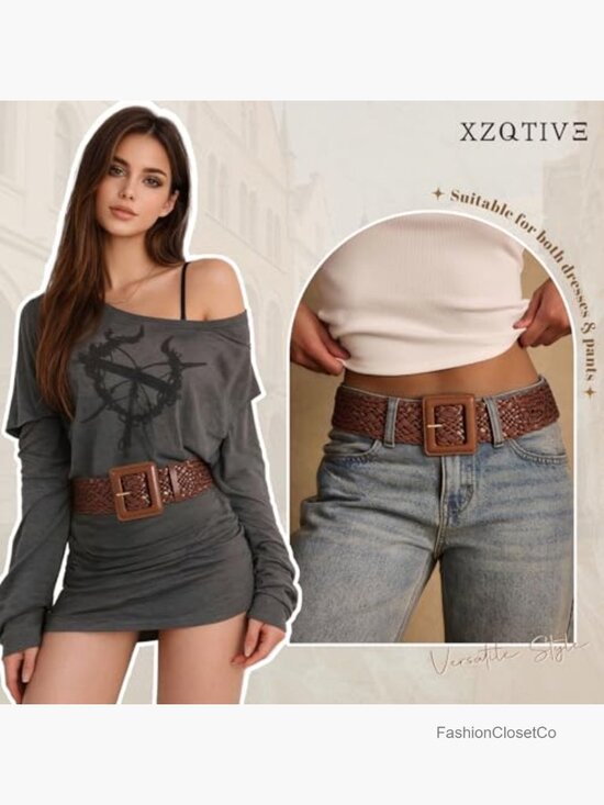 Wide Braided Leather Belt with Square Buckle, Adjustable Fit main image 7